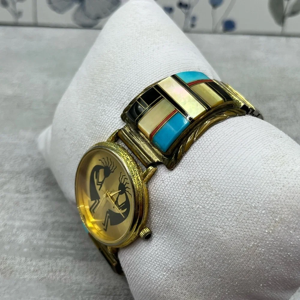 Watch Tip Albert Yazzie Gold Watch 925 Colorful Turquoise Onyx MOP Coral VTG